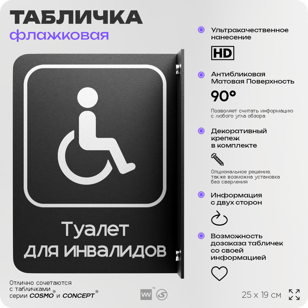 Табличка Туалет для инвалидов флажковая на стену, двусторонняя с крепежом, 19 х 25 см, для офиса, кафе, отеля, серия COSMO, Айдентика Технолоджи