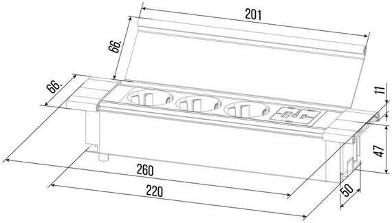 Блок розеток с откидной крышкой (3 розетки, USB-A, USB-C) G4103Q-2AC.N Серебро/Черный 260*66*11