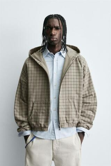 ZARA КУРТКА СВОБОДНОГО КРОЯ В КЛЕТКУ, БЕЖЕВЫЙ