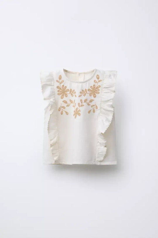 ZARA ТОП ИЗ СМЕСОВОГО ЛЬНА С ЦВЕТОЧНОЙ ВЫШИВКОЙ, ЭКРЮ