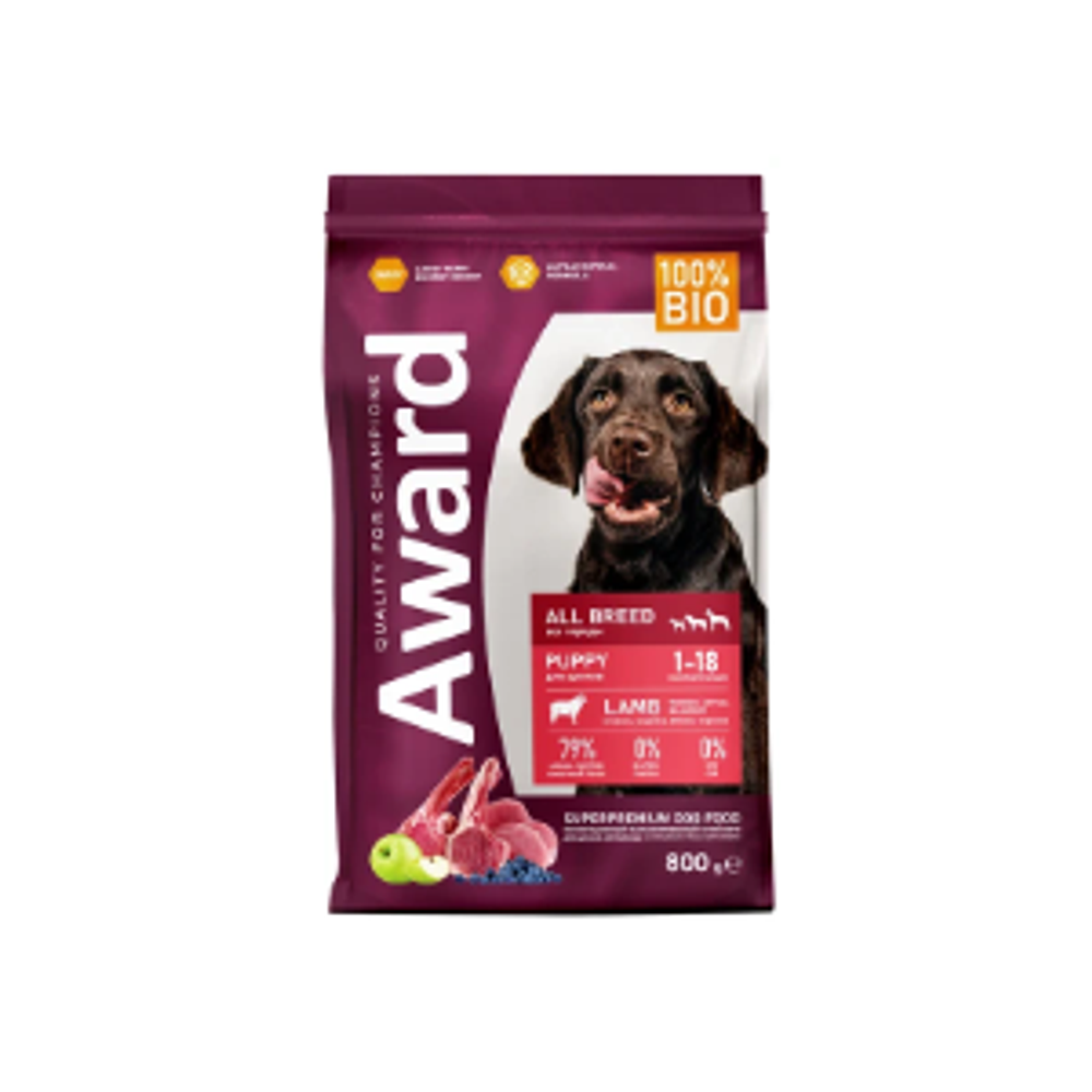 Сухой корм AWARD для щенков от 1 месяца, беременных и кормящих сук всех пород с ягненком и индейкой с добавлением яблока и черники 800г