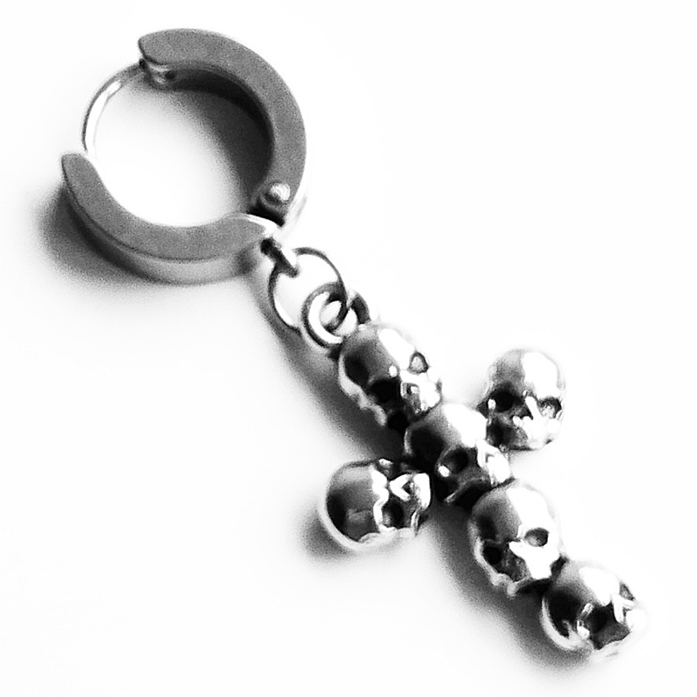 Серьга кольцо (1 шт) "Крест из черепов" (25х15мм) для пирсинга уха. Медицинская сталь