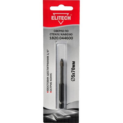 Сверло ELITECH по стеклу и кафелю 5*70мм HEX1/4"   1820.044600