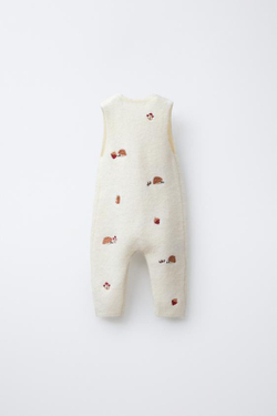 ZARA ТРИКОТАЖНЫЙ КОМБИНЕЗОН С ВЫШИВКОЙ «ЕЖИКИ», ЭКРЮ