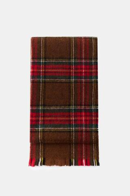 ZARA ШАРФ В КЛЕТКУ С БАХРОМОЙ, КОРИЧНЕВЫЙ