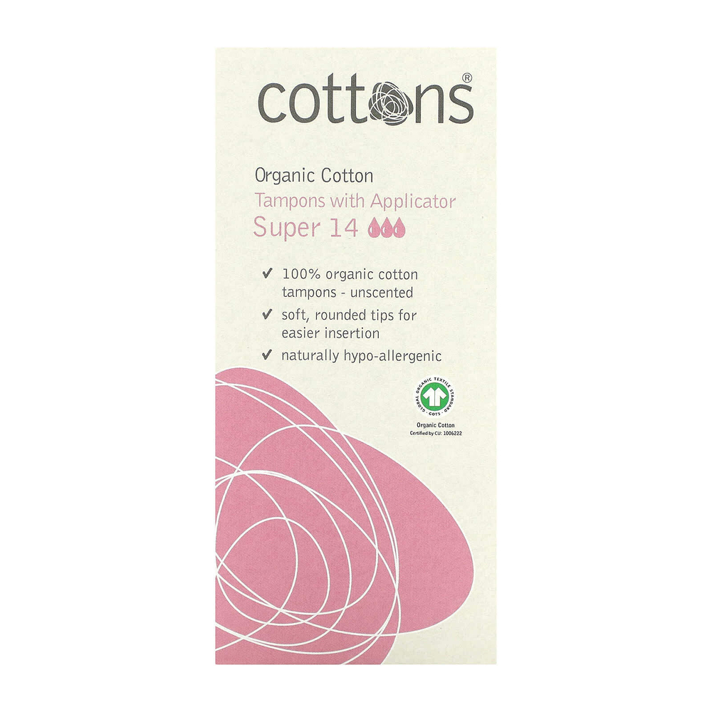 Cottons, Органический хлопок, тампоны с аппликатором, без запаха, супер, 14 тампонов