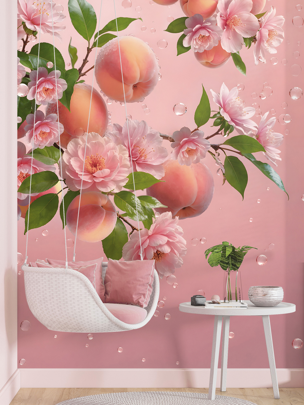 3D Розовые фотообои на кухню фрукты и цветы
