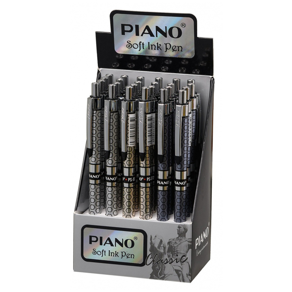 Ручка шариковая, масляная, автоматическая, Piano, синие чернила, серия "Соты", серебристый корпус, 24 шт