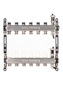 Коллектор Royal Thermo нерж. в сборе универсальный 1" ВР-3/4" НР с автомат. воздухоотвод-ми 6 вых.