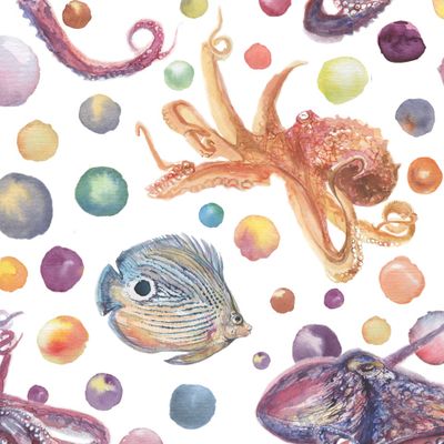 Fish and octopus in watercolor style