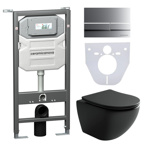 Комплект подвесной безободковый унитаз Ceramica Nova Metropol Rimless CN4002MB с микролифтом + система инсталляции Envision CN1002M с кнопкой смыва Flat хром матовый и шумоизоляционной панелью