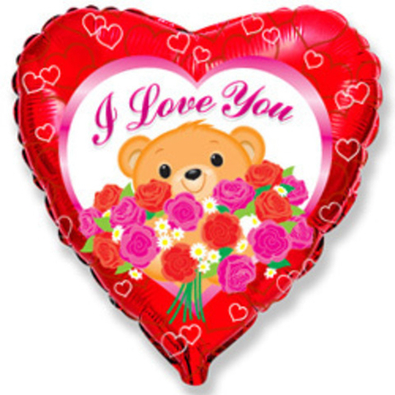 Ф 18" Сердце Медведь с розами Красный