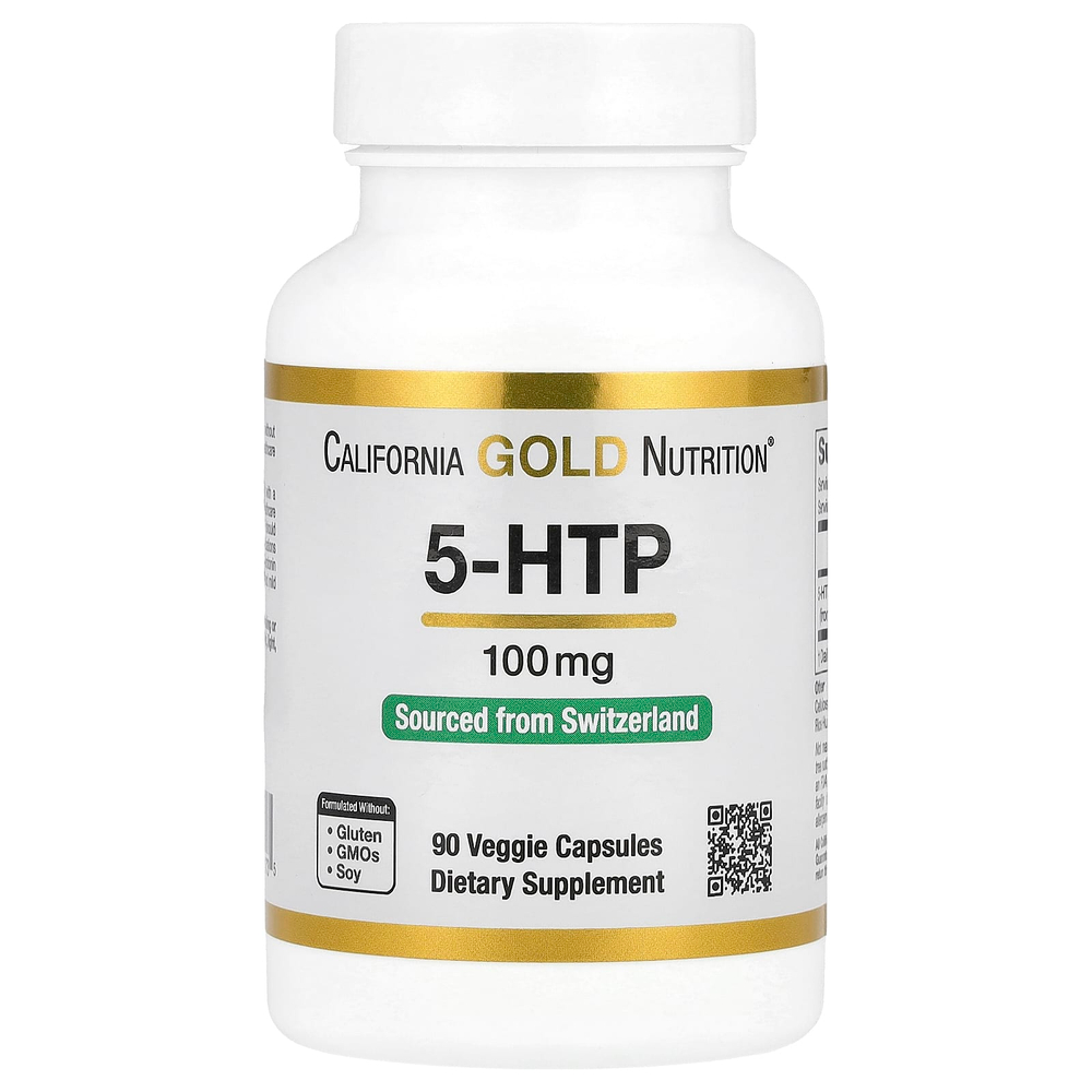 California Gold Nutrition, 5-гидрокситриптофан, поддержка хорошего настроения, экстракт семян гриффонии простолистной из Швейцарии, 100 мг, 90 вегетарианских капсул