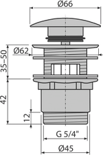 Водослив для умывальника Alcaplast A390 click/clack 5/4", цельнометаллический с большой заглушкой