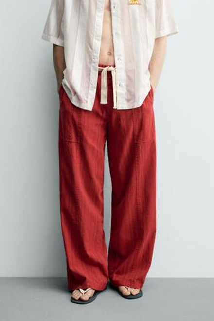 ZARA БРЮКИ RELAXED FIT В ПОЛОСКУ, КРАСНЫЙ