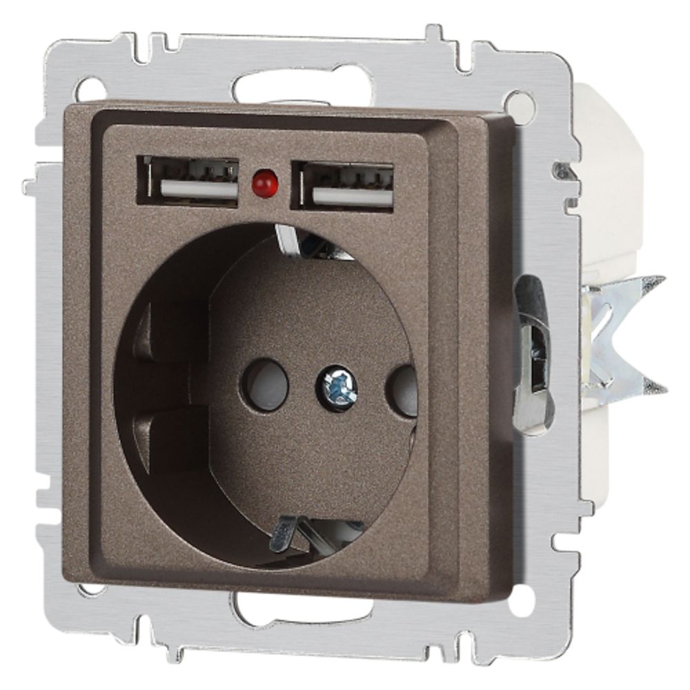 Розетка Intro Accent 6-410-08 , P+E Schuko со шторками, 16А-250В + 2хUSB, IP20, СУ, бронза