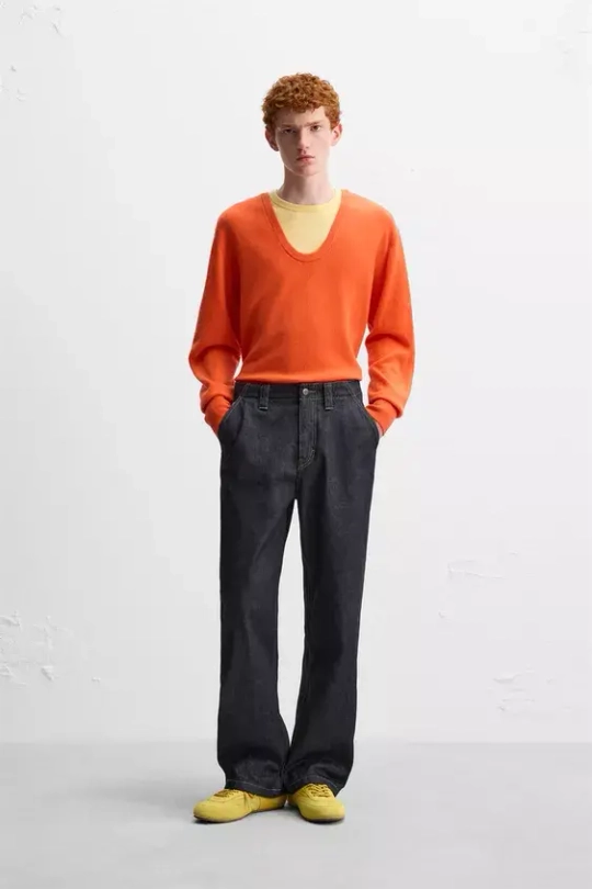 ZARA X HARRY LAMBERT ШЕРСТЯНОЙ СВИТЕР В СТИЛЕ КОЛОР-БЛОК, ОРАНЖЕВЫЙ