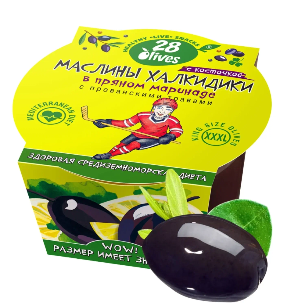 Маслины Халкидики с косточкой в пряном маринаде с прованскими травами 28Olives, 150 г, упаковка с маслиной