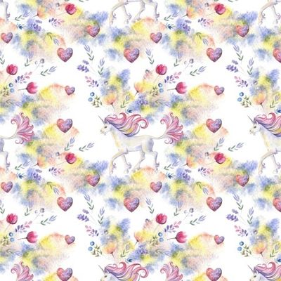 Акварельные единороги и сердца