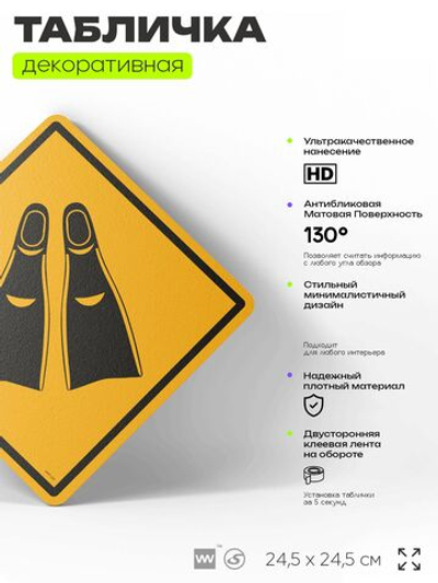 Табличка декоративная "Ласты" на дверь и стену, спортивная, информационная, декоративный знак, 24,5х24,5 см, пластиковая, Айдентика Технолоджи