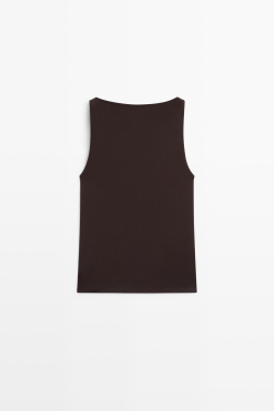 Massimo Dutti Хлопковая футболка с квадратным вырезом, коричневый