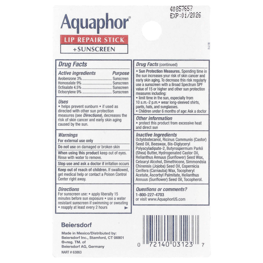 Aquaphor, Стик для восстановления губ + солнцезащитный крем, SPF 30, без отдушек, 2 стика по 4,8 г (0,17 унции)
