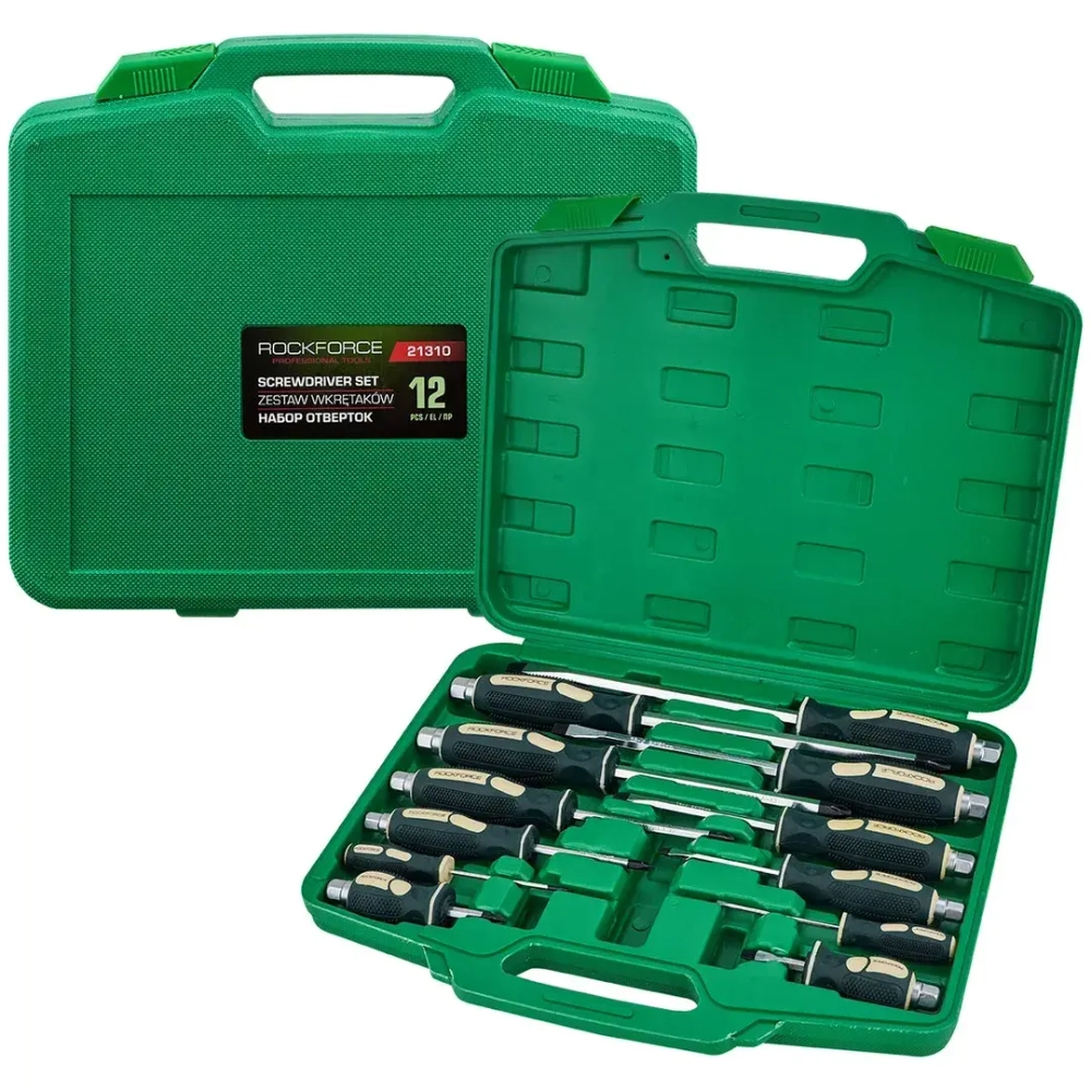 Набор отверток силовых магнитных12пр. (SL: 6.5х38,3х75,5.5х75,6.5х100,8.0х150,10х200мм PH: 2х38,0х75, 1х75, 2х100, 3х150, 4х200мм), в кейсе RockForce##Rock FORCE RF-21310