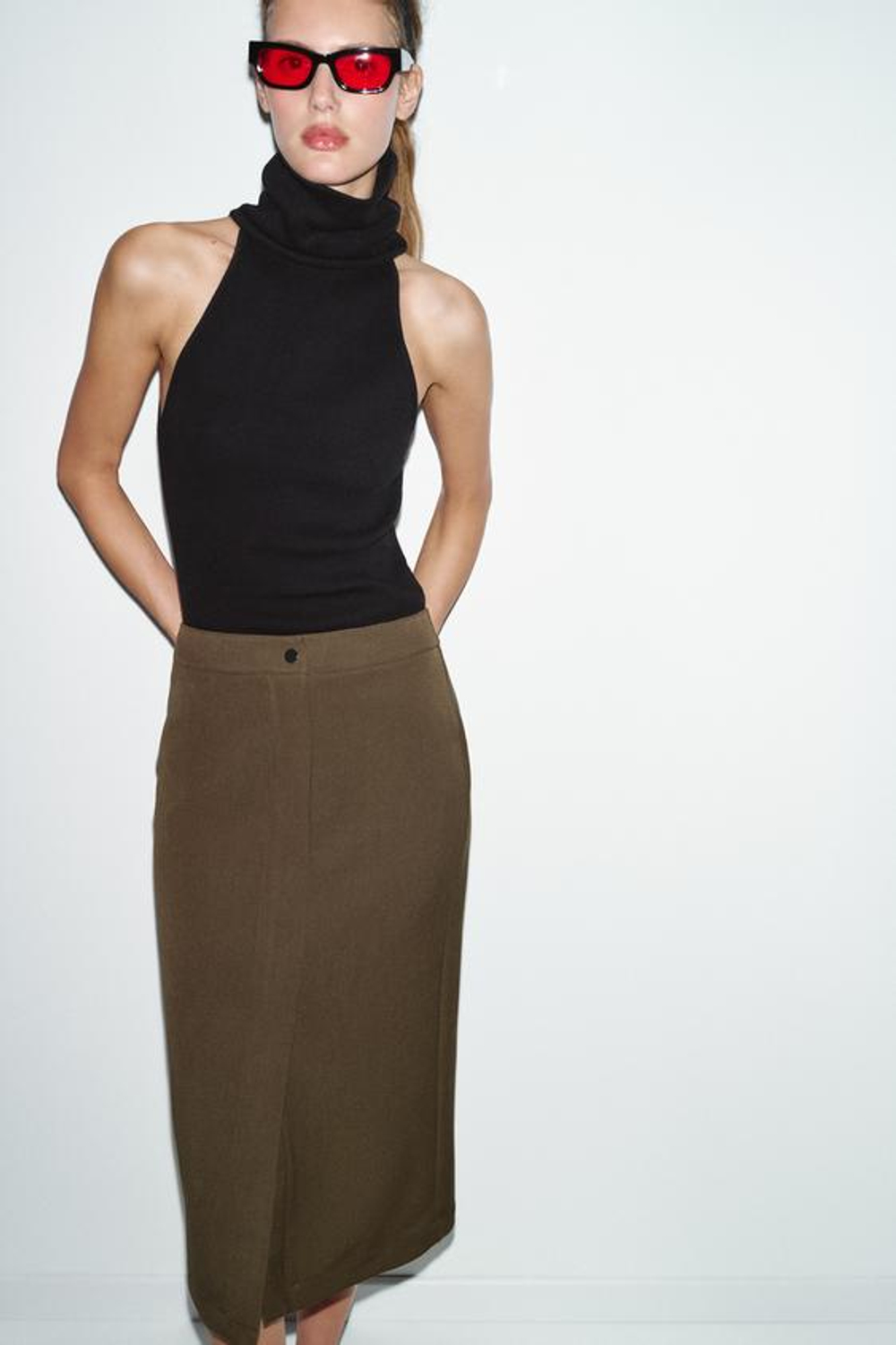 ZARA ЮБКА-КАРАНДАШ МИДИ, ТАБАЧНЫЙ