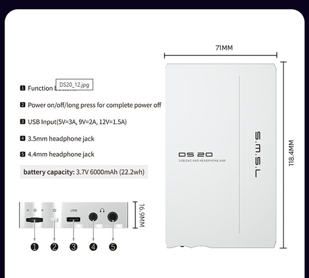 ЦАП/усилитель для наушников SMSL DS20, Цифро-аналоговый преобразователь, 4.4 мм, 3.5 мм, портативный, серебристый