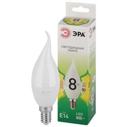 Лампа светодиодная ЭРА GREEN LINE LED BXS-8W-830-E14 GL 8Вт свеча на ветру теплый свет E14