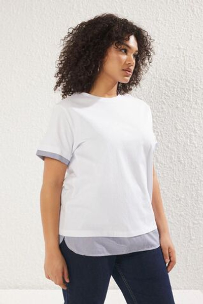 Вязаная футболка больших размеров с белым воротником и полосатым поплином на подоле TBBSS25BF00003