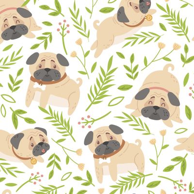 Весенние мопсы среди зелени - на белом