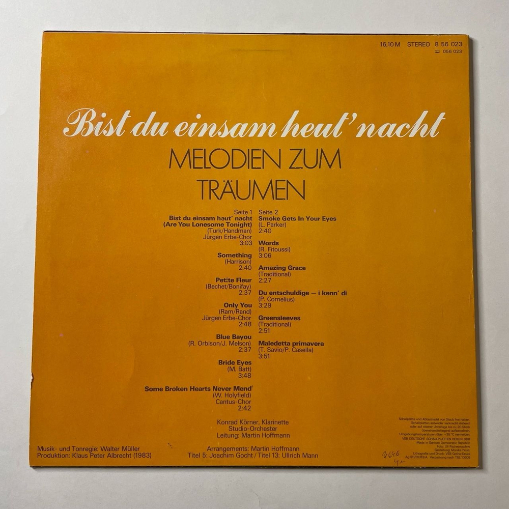 Винтажная виниловая пластинка LP Konrad Korner, Studio Orchester, Martin Hoffmann Bist Du Einsam Heut' Nacht (Melodien Zum Traumen) (ГДР 1983)