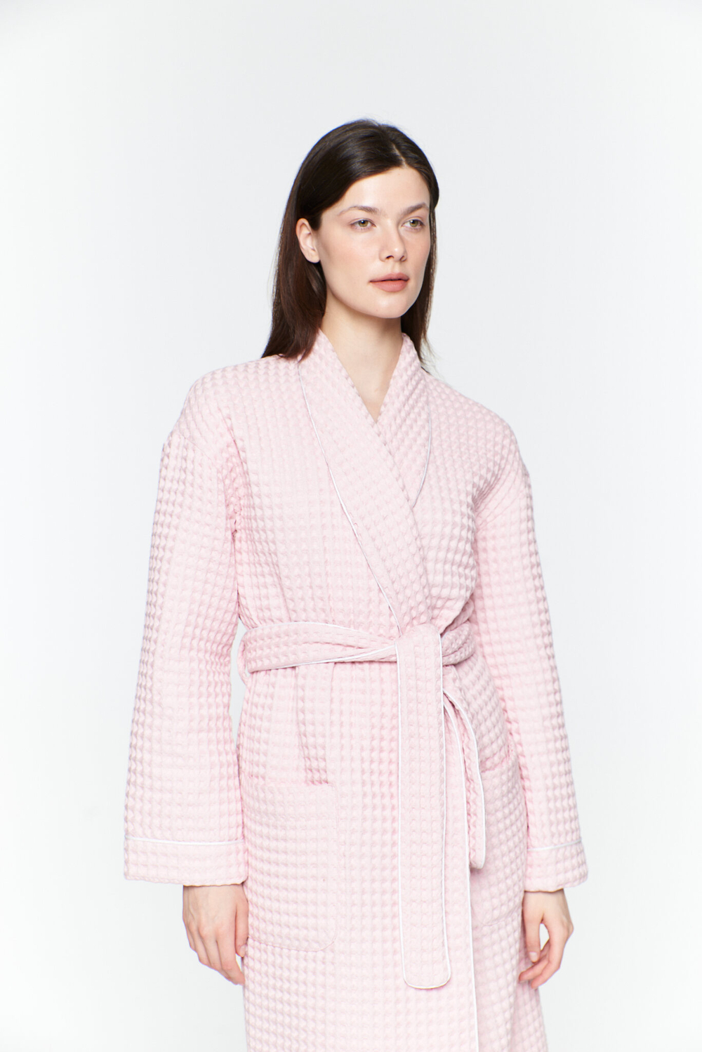 Вафельный халат с кантом земляничный