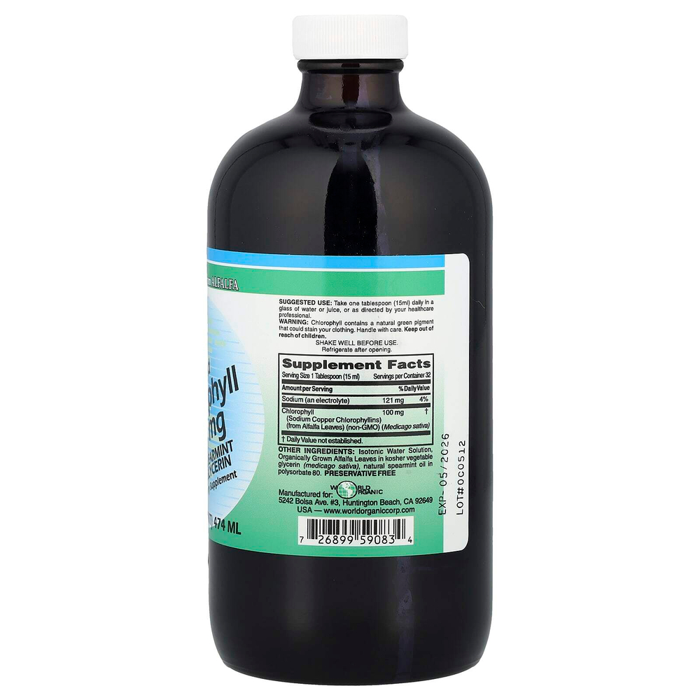 World Organic, жидкий хлорофилл с мятой и глицерином, 100 мг, 474 мл (16 жидк. унций)