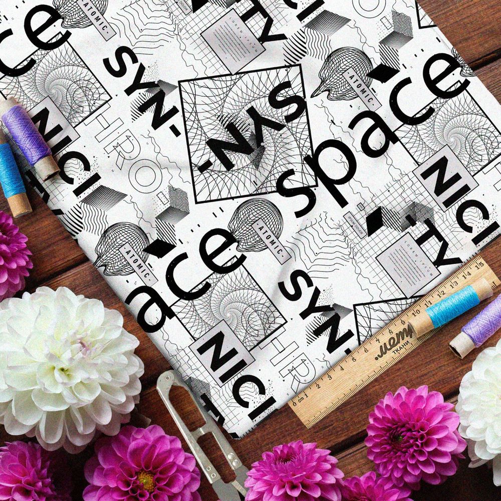 Ткань дюспо стильный цифровой коллаж на белом фоне