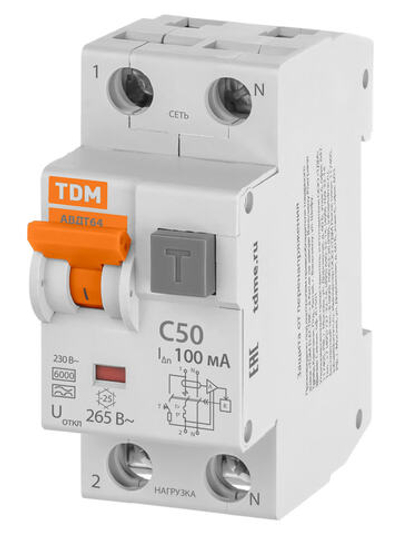 АВДТ 64 2Р(1Р+N) C50 100мА тип А защита 265В - Автоматический Выключатель Дифференциального тока TDM