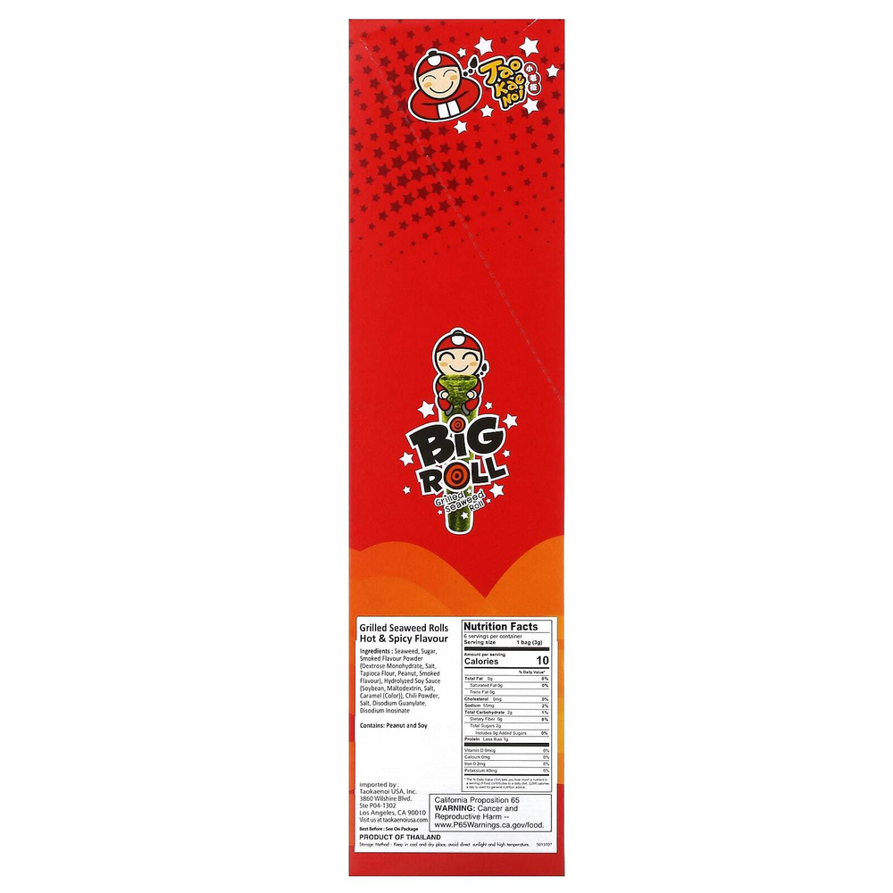 Tao Kae Noi, Big Roll, рулет из морских водорослей на гриле, острый, 6 пакетиков по 3 г (0,11 унции)