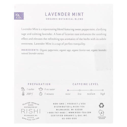 Rishi Tea, Organic Botanical Blend, лаванда и мята, без кофеина, 15 пакетиков, 37,5 г (1,32 унции)