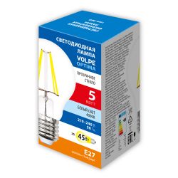 LED-A60-5W-4000K-E27-CL-SLF Лампа светодиодная. Форма A. прозрачная. Белый свет 4000K. ТМ Volpe