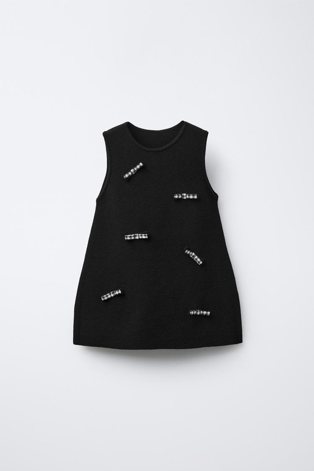 ZARA ТРИКОТАЖНОЕ ПЛАТЬЕ С БАНТАМИ В КЛЕТКУ ВИШИ, ЧЕРНЫЙ