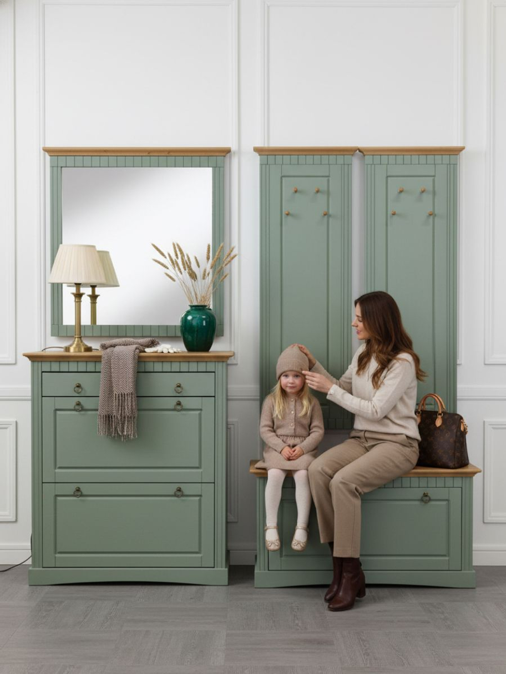 Обувница для прихожей, 87х21х97, Неаполь, тумба для обуви в прихожую, 2 двери 1 ящик, сосна, зеленый эвкалипт, Dipriz