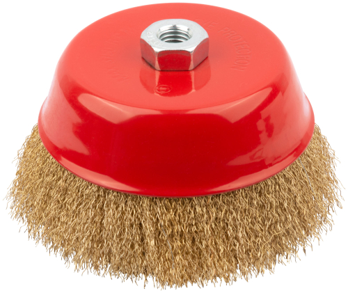 Корщетка-чашка, гайка М14, стальная латунированная волнистая проволока 150 мм 39274