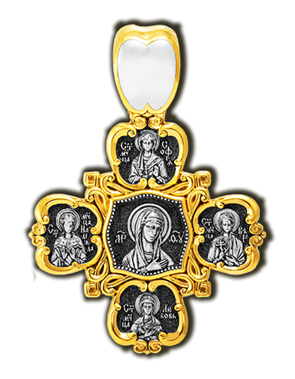 Крест со Спасом, евангелистами, Невской Богородицей, Верой, Надеждой, Любовью и Софией.