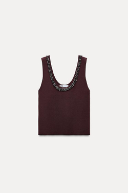 ZARA ОДНОТОННЫЙ ТРИКОТАЖНЫЙ ТОП СО СТРАЗАМИ, ЦВЕТ БУРГУНДСКОГО ВИНА