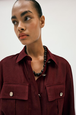 ZARA КУРТКА-САФАРИ ИЗ ЛЬНА С РЕМНЕМ, БУРГУНДИ