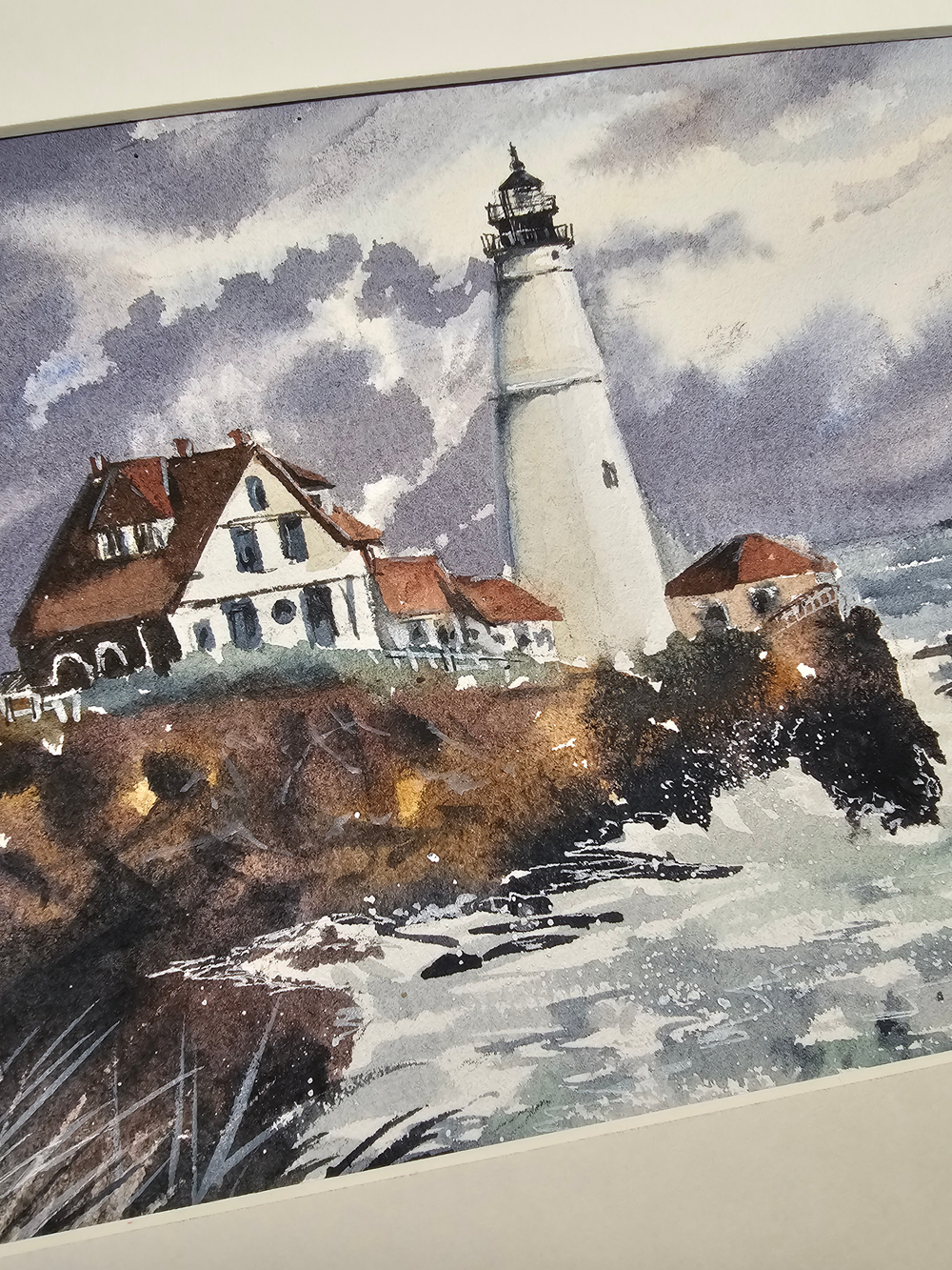 Картина авторская акварельная в паспарту 21*30 см на стену для интерьера "Маяк Портленд-Хед. США"