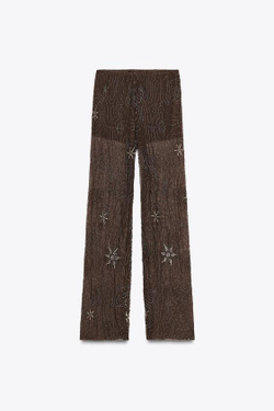 ZARA БРЮКИ С БУСИНАМИ И ПАЙЕТКАМИ, ШОКОЛАДНЫЙ