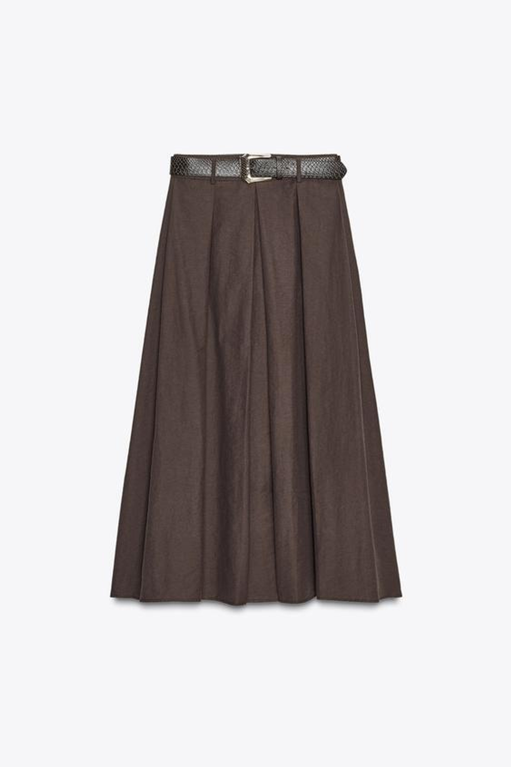 ZARA ЮБКА-КЛЕШ МИДИ С РЕМНЕМ, КОРИЧНЕВЫЙ