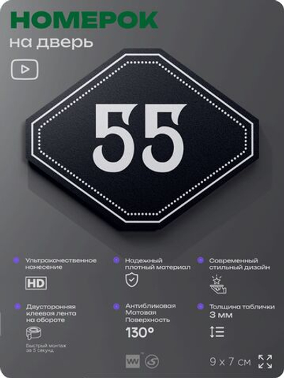 Номерок на дверь квартиры 55, для кабинета, офиса, шильдик 9 х 7 см, черный, Айдентика Технолоджи